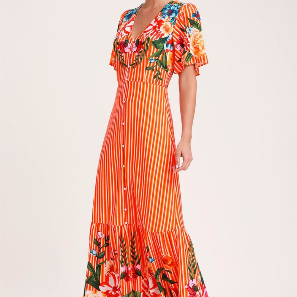 Lulu’s Orange Multi Striped Button-Up Maxi Dress